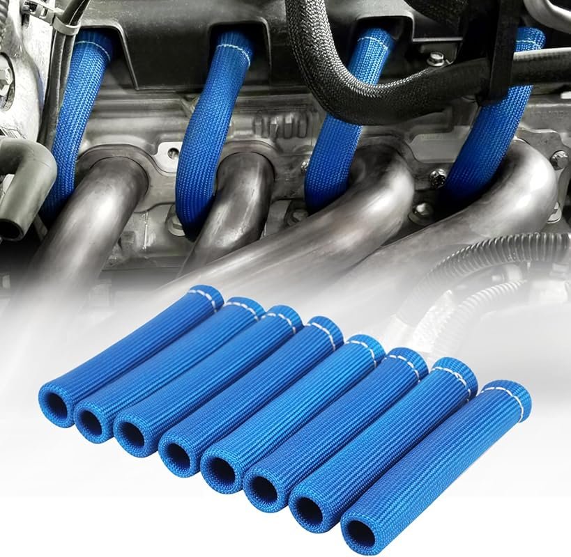 8-Piece Blue 2500° Spark Plug Header Boots Heat Shield Sleeve Wire Cov