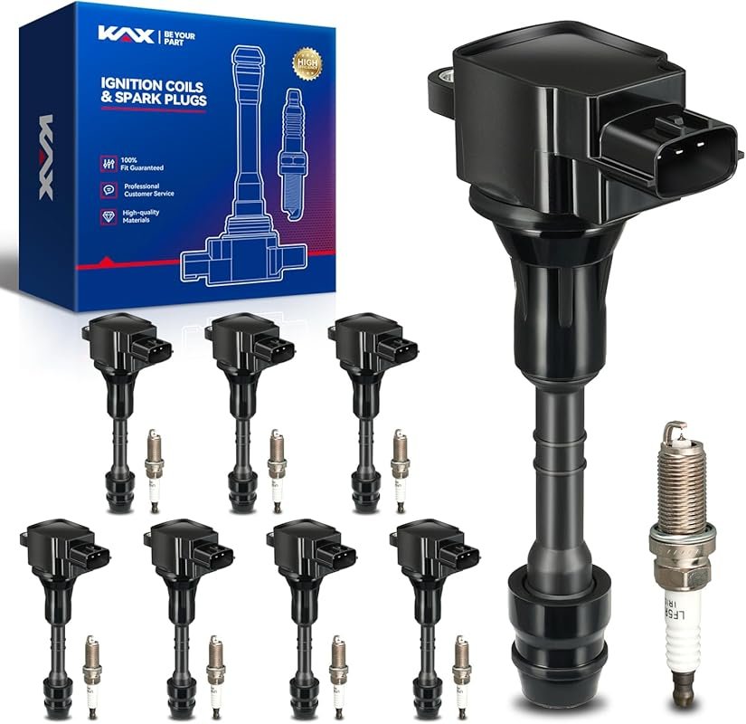 KAX 8 Ignition Coils and Double Iridium Spark Plugs Set for Nissan Tit