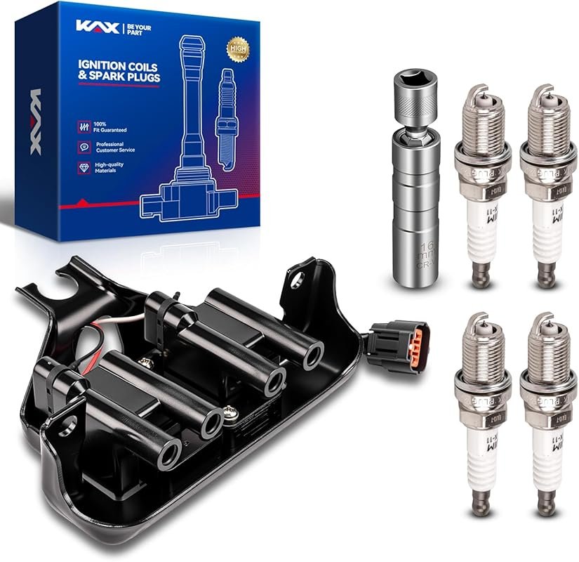 KAX Ignition Coil and 4 Iridium Spark Plugs Kit with Magnetic Socket f
