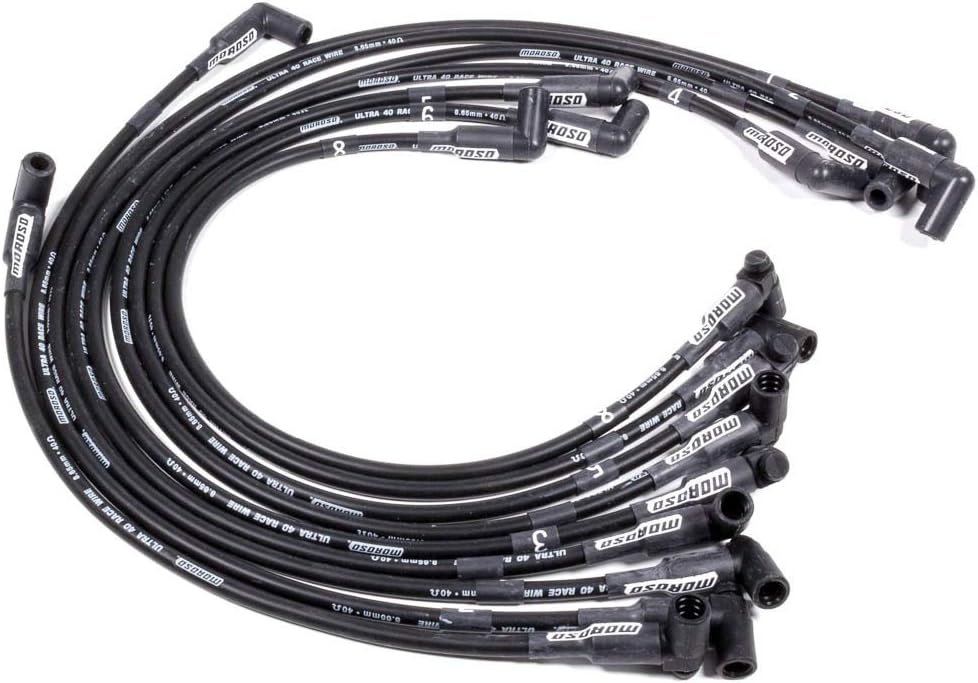 Moroso Ultra 40 Spiral Core Spark Plug Wire Set, 8.65mm Black, 90° Boots, HEI Style, Sprint Car V8 Kit
