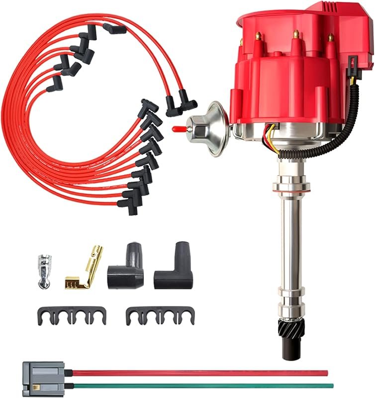 MAS Racing HEI Distributor & Spark Plug Wires & Pigtail Harness Kit Red Cap for Chevy GMC SBC BBC 283 302 307 327 350 396 400 402 427 454 65k 7500RPM