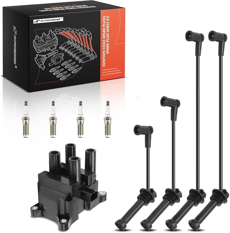 A-Premium Ignition Coil with Wires and 4 Iridium Spark Plugs for Ford