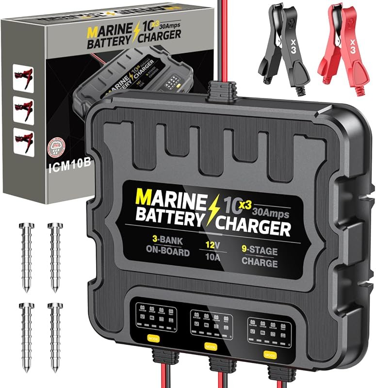 3-Bank 30A Marine Battery Charger, Waterproof 12V Maintainer and Desul