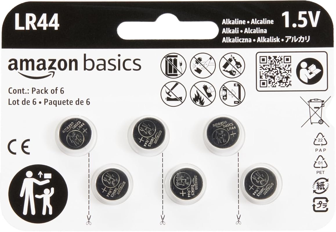 Amazon Basics 6-Pack LR44 Alkaline Button Cell Batteries, 1.5 Volt Lon