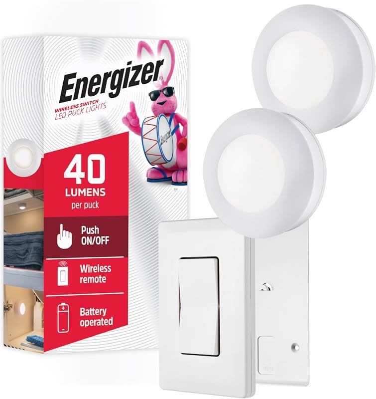 Energizer LED Puck Lights with Wall Switch Remote, Wireless Battery Op