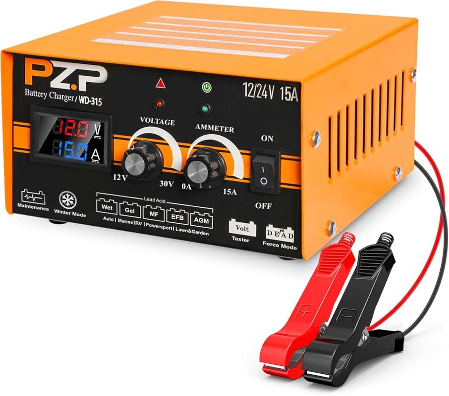 12V 24V Manual Battery Charger and Maintainer with Adjustable 15A Curr