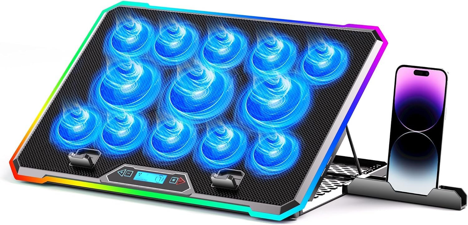 Gaming Laptop Cooler with 13 Ultra Quiet Fans, RGB Lighting, Adjustabl