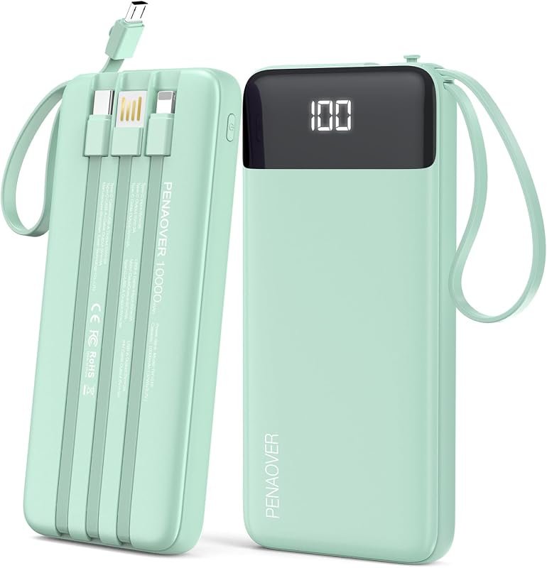 Portable Charger with Built-in Cables, 10000mAh Slim Power Bank Fast C