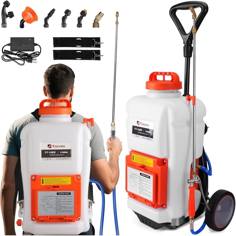 Toovem 4 Gallon Battery Powered Backpack Sprayer with Wheeled Cart, Ad