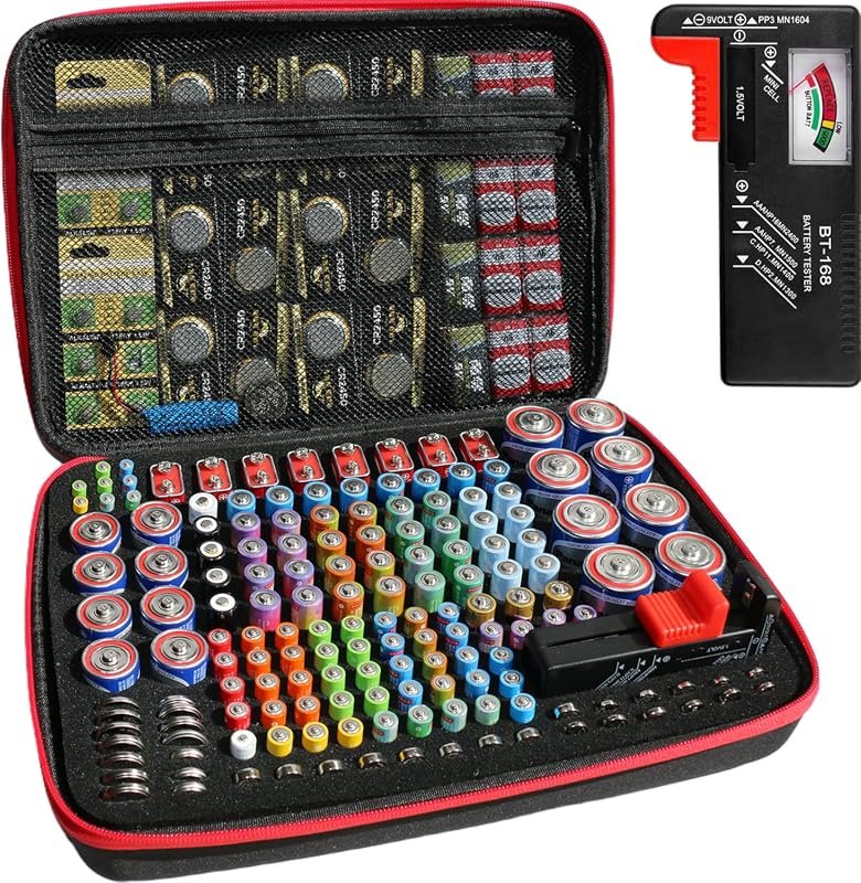 Universal Battery Organizer with Tester, Large Capacity EVA Hard Case 