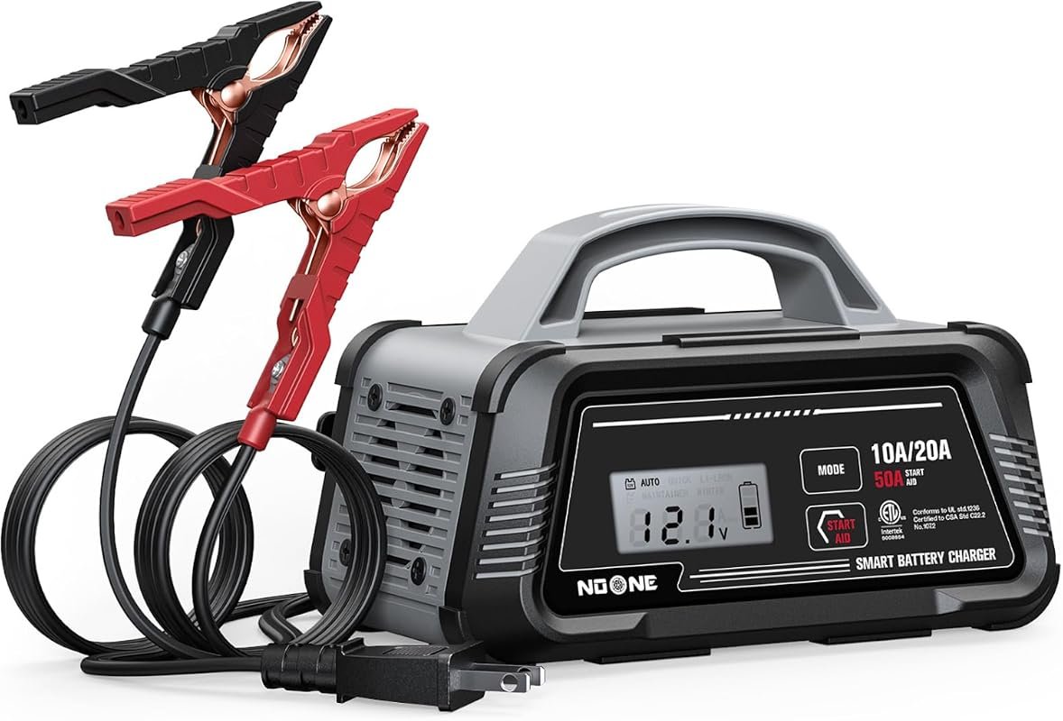 NOONE 12V/24V Smart Battery Charger, 50A Engine Start, Fully Automatic Maintainer for AGM, Gel, and LiFePO4 Batteries