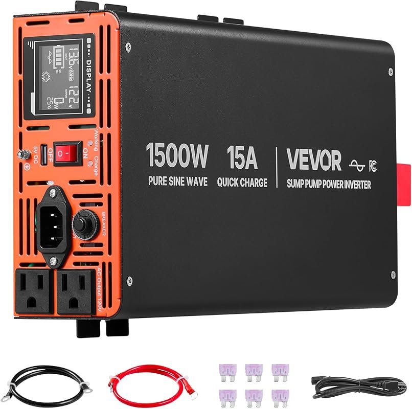 VEVOR 1500W Sump Pump Battery Backup System with LCD Display, Pure Sin