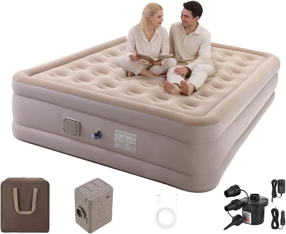 16-Inch Raised Queen Air Mattress with 4000mAh Battery Pump, Portable 
