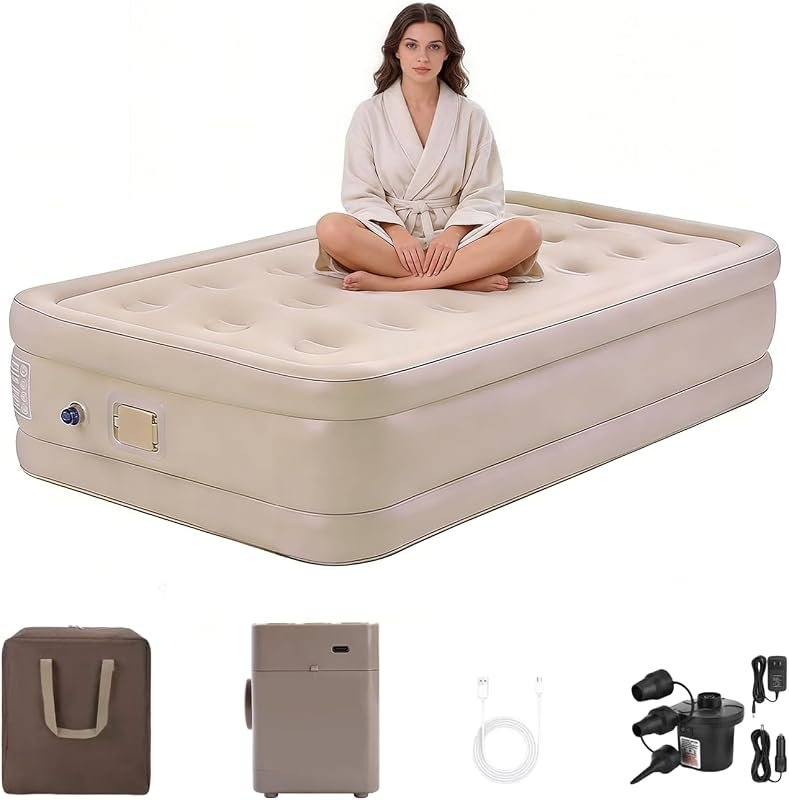 16-Inch Raised Twin Air Mattress with 4000mAh Battery Pump, Portable I