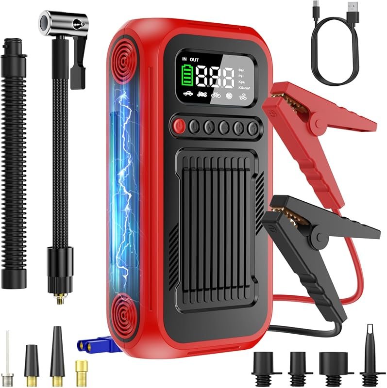 Portable Tire Inflator and 12V Car Battery Jump Starter with Digital G