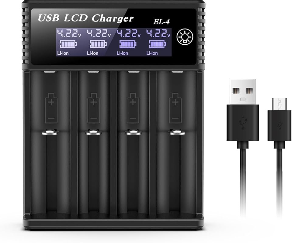 Smart 4-Bay Battery Charger with LCD Display for Fast Charging Li-ion,