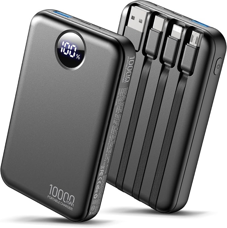 Compact 10000mAh Portable Power Bank with 4 Built-in Cables and LED Di