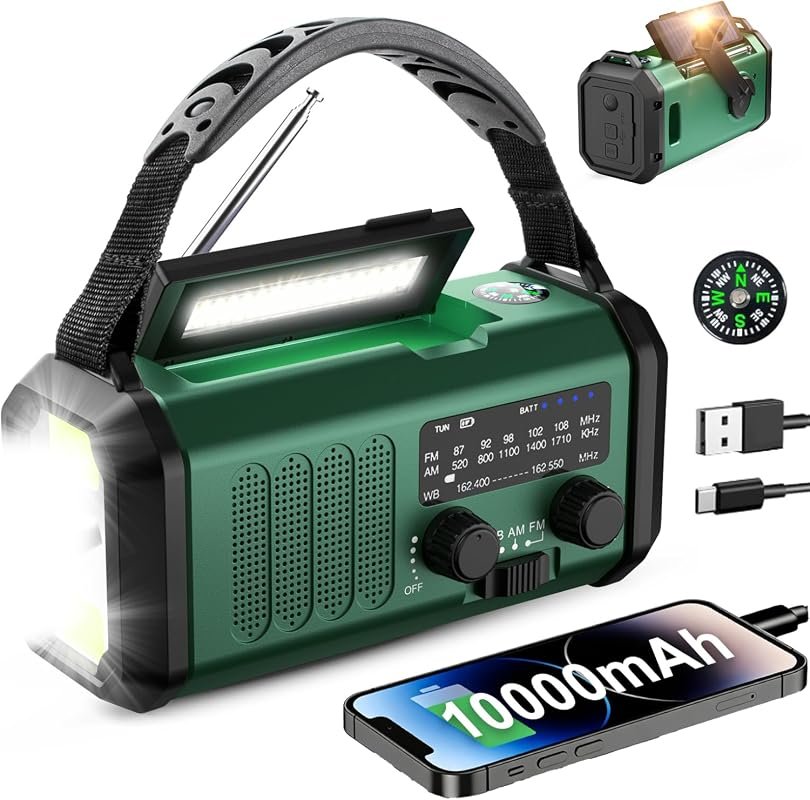 Hand Crank NOAA Weather Radio with 10000mAh Solar Power Bank and Flash