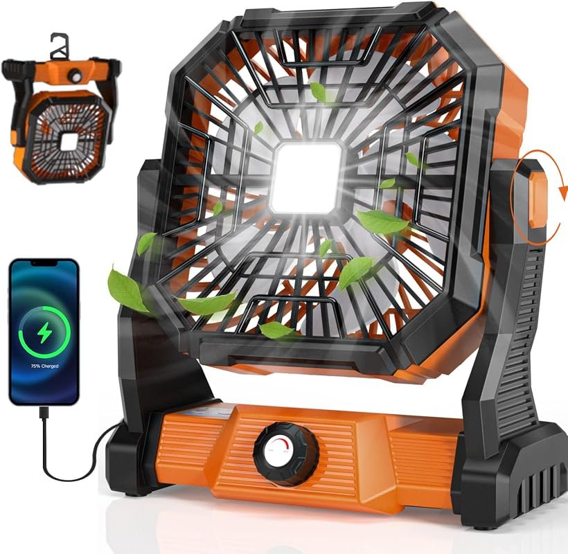 Ultra-Quiet 20000mAh Rechargeable Camping Fan with LED Lantern and USB