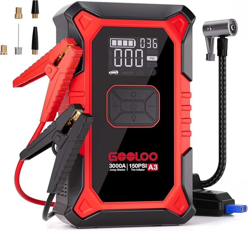 GOOLOO A3 3000A Portable Jump Starter and 150 PSI Air Compressor for G
