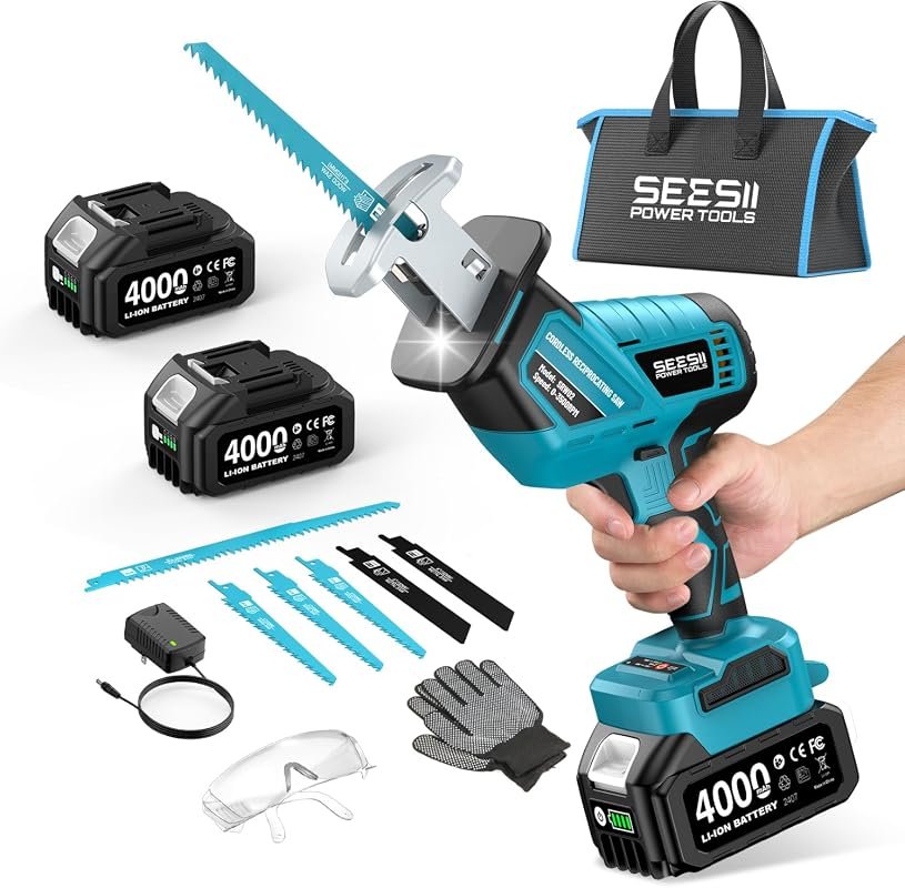 SEESII Brushless Cordless Reciprocating Saw with Two 4.0Ah Batteries a