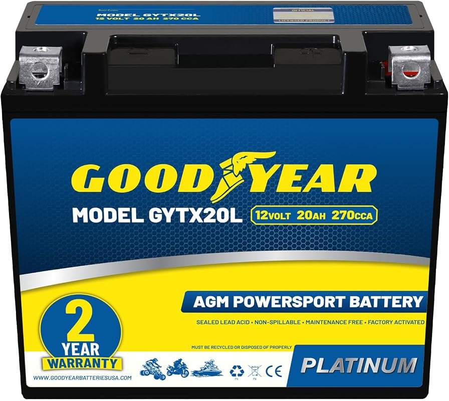 Goodyear 12V 20AH 270 CCA High-Performance Sealed AGM Battery for Moto