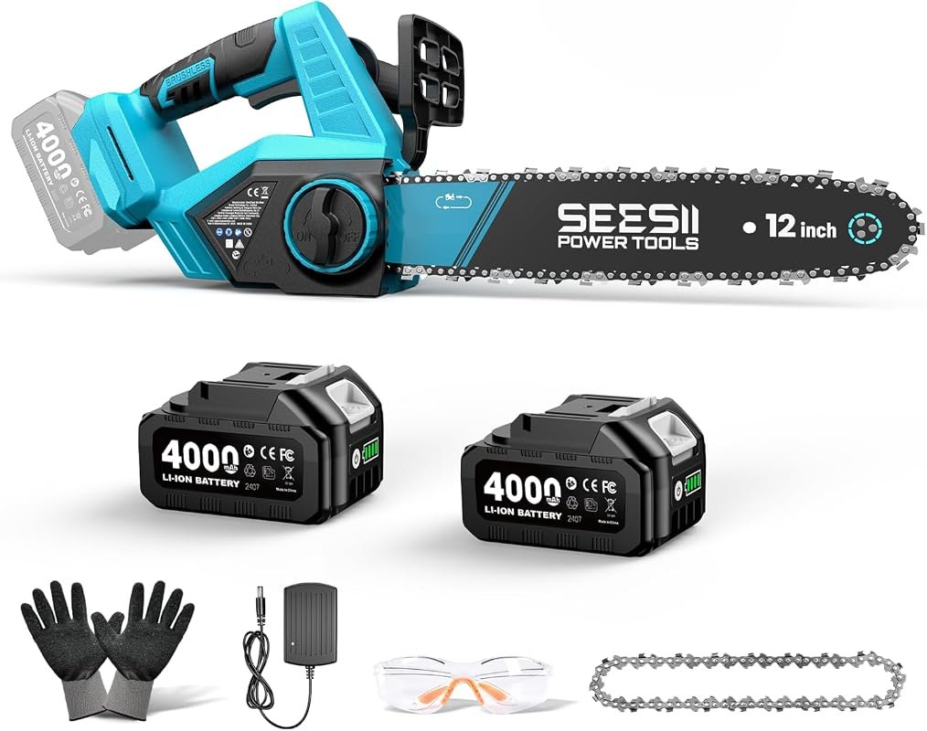 SEESII 12-Inch Cordless Electric Chainsaw, Powerful Brushless Motor Ha