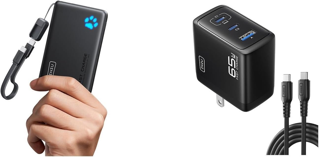 INIU 10000mAh 45W PD Power Bank and 3-Port 65W USB-C Wall Charger Comb