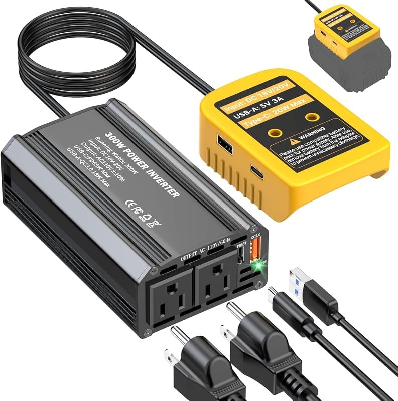 300W Power Inverter for Dewalt 20V Battery with PD 65W Fast Charging, 