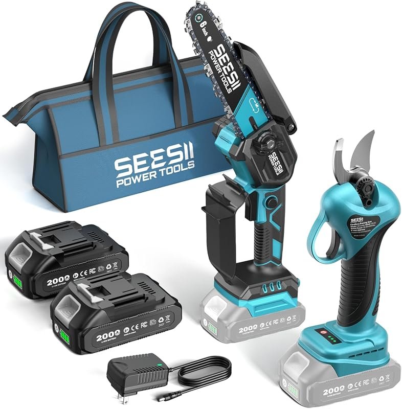 SEESII 2-in-1 Cordless Mini Chainsaw and Pruning Shears Combo, High Pe