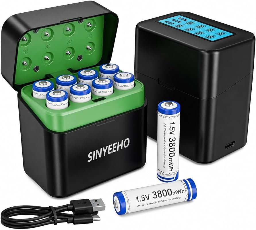 8-Pack 1.5V Rechargeable Lithium AA Batteries with Fast LCD Charger