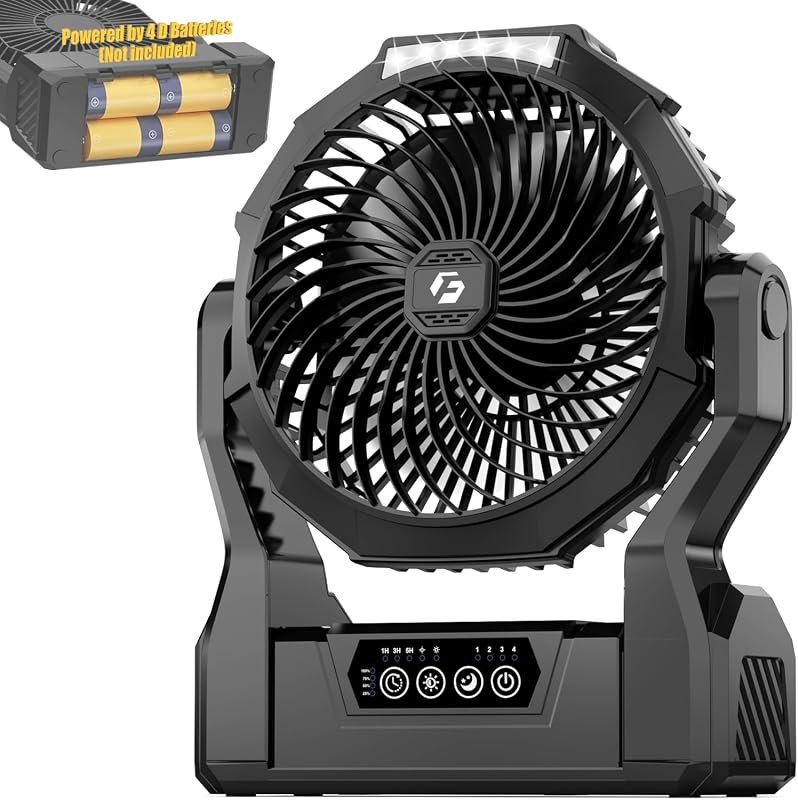 Portable 2-in-1 D-Cell Battery and USB Powered Camping Fan with LED Li