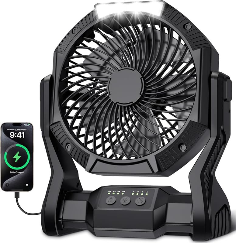 Portable 20000mAh Rechargeable Camping Fan with LED Light, 4-Speed Adj